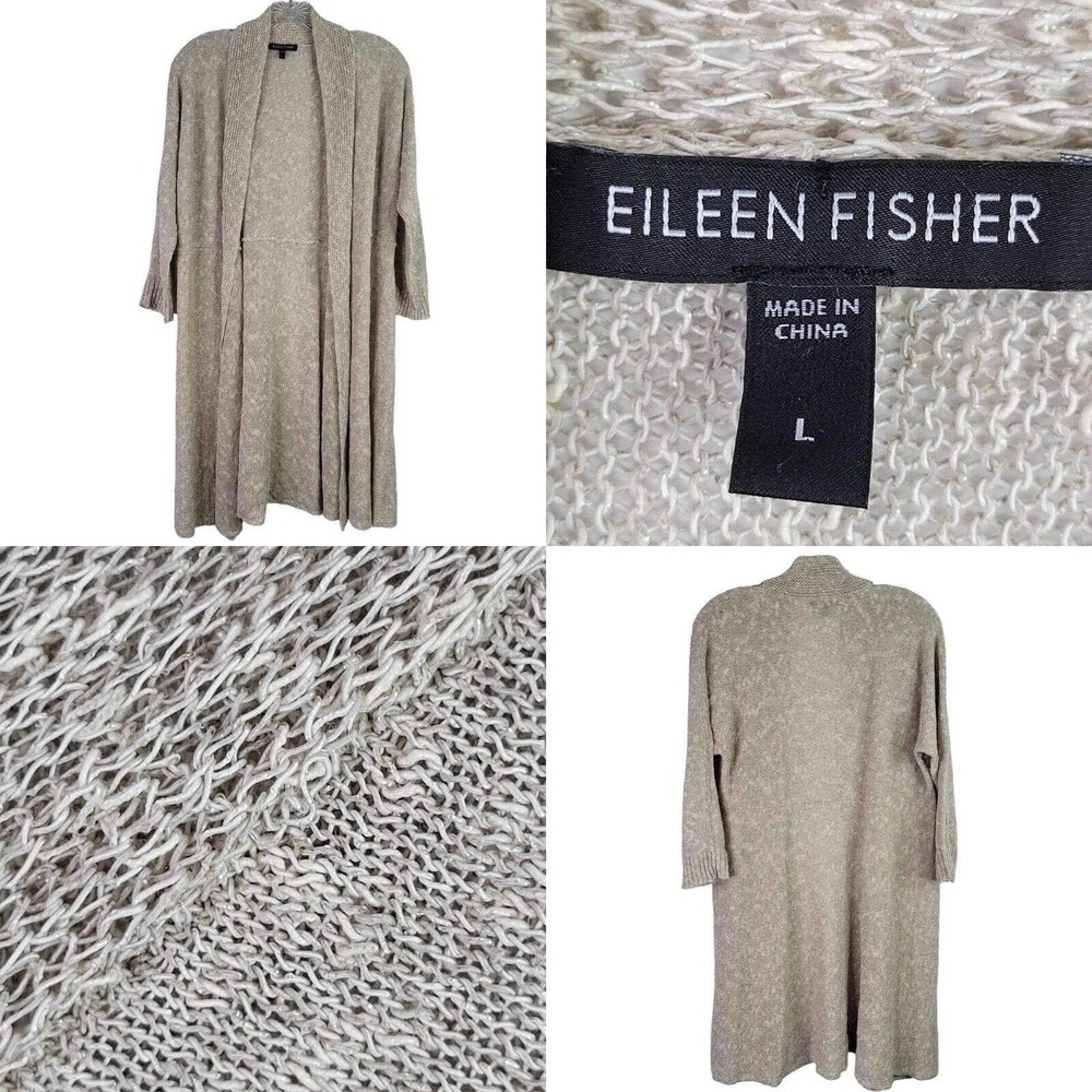 Eileen Fisher Cardigan Sweater Womens Size L Open Knit Longline Tan Linen
